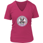 A women's pink v-neck shirt from OMG You're Home! with the Boston Terrier dog Mom design on the front in pink letters