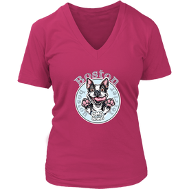 a pink v neck tee with the OMG Boston Terrier dog design on the front