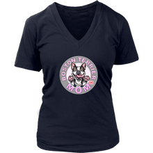 Load image into Gallery viewer, A women's navy blue v-neck shirt from OMG You're Home! with the Boston Terrier dog Mom design on the front in pink letters
