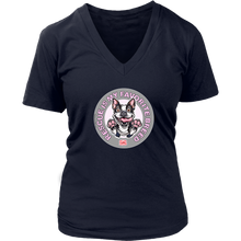 Load image into Gallery viewer, a women&#39;s navy blue v-neck shirt featuring the OMG You&#39;re Home Boston Terrier dog design with Rescue is my favorite breed in pink letters