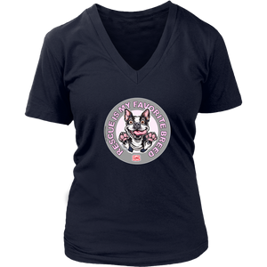 a women's navy blue v-neck shirt featuring the OMG You're Home Boston Terrier dog design with Rescue is my favorite breed in pink letters