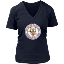 Load image into Gallery viewer, a women's navy blue v-neck shirt with the OMG You're Home! Yorkie dog mom design on the front with pink letters