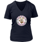 a women's navy blue v-neck shirt with the OMG You're Home! Yorkie dog mom design on the front with pink letters
