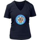 a women's navy blue v-neck shirt featuring the original artwork by OMG You're Home! The German Shepherd dog mom design is on the front in full color.