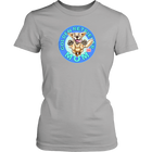 A womens light grey shirt by District featuring the original Golden Retriever dog artwork on the front