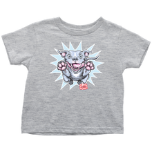 Load image into Gallery viewer, a toddler's light grey t-shirt with the Blue Nose Pit Bull design by OMG You're Home on the front in full vibrant color