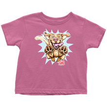 Load image into Gallery viewer, a pink OMG You're Home toddler t-shirt featuring the original Yellow Labrador Retriever dog design on the front in full color