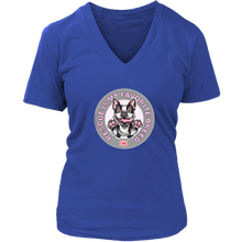 Load image into Gallery viewer, a women&#39;s royal blue v-neck shirt featuring the OMG You&#39;re Home Boston Terrier dog design with Rescue is my favorite breed in pink letters