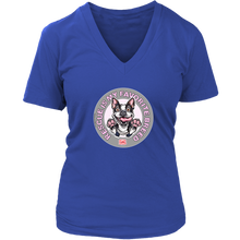 Load image into Gallery viewer, a women's royal blue v-neck shirt featuring the OMG You're Home Boston Terrier dog design with Rescue is my favorite breed in pink letters