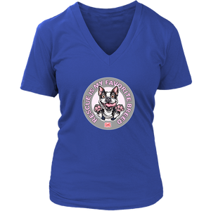 a women's royal blue v-neck shirt featuring the OMG You're Home Boston Terrier dog design with Rescue is my favorite breed in pink letters