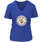 a women's royal blue v-neck shirt with the OMG You're Home! Yorkie dog mom design on the front with pink letters
