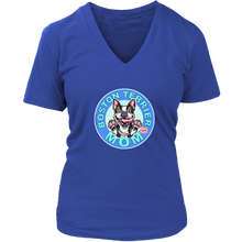 Load image into Gallery viewer, A women's royal blue v-neck shirt from OMG You're Home! with the Boston Terrier dog Mom design on the front in blue letters
