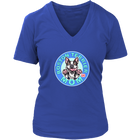 A women's royal blue v-neck shirt from OMG You're Home! with the Boston Terrier dog Mom design on the front in blue letters