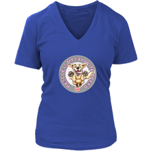 Load image into Gallery viewer, A womens royal blue V-Neck by District features the original Golden Retriever dog artwork by OMG You're Home! This collection is dedicated to those of us who love and support rescues.