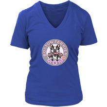 Load image into Gallery viewer, A women's royal blue v-neck shirt from OMG You're Home! with the Boston Terrier dog Mom design on the front in pink letters