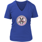 A women's royal blue v-neck shirt from OMG You're Home! with the Boston Terrier dog Mom design on the front in pink letters
