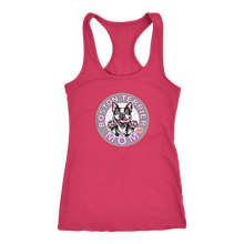 Load image into Gallery viewer, A soft coral Next Level Racerback Tank featuring the OMG You're Home Boston Terrier Dog Mom design on the front in full vibrant color.