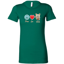 Load image into Gallery viewer, green Bella Womens Shirt featuring the Peace Love Yorkie dog design from OMG You're HOME!