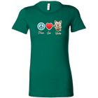 green Bella Womens Shirt featuring the Peace Love Yorkie dog design from OMG You're HOME!