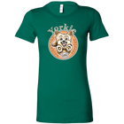 a womans green tshirt with a yorkshire terrier dog drawing on the front