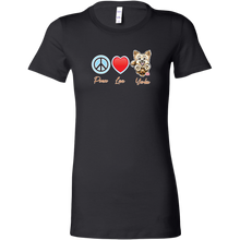 Load image into Gallery viewer, black Bella Womens Shirt featuring the Peace Love Yorkie dog design from OMG You're HOME!
