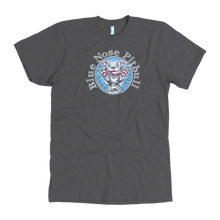 Load image into Gallery viewer, The front view of a men's grey t-shirt featuring the OMG blue nose pit bull design on the front in full color
