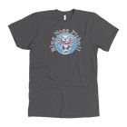 The front view of a men's grey t-shirt featuring the OMG blue nose pit bull design on the front in full color
