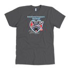 a grey OMG You're Home t-shirt featuring the Emotional Support Human for my Black Lab design on the front in full color