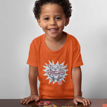 Load image into Gallery viewer, a smiling toddler playing a card game wearing an orange t-shirt with the Blue Nose Pit Bull design by OMG You're Home on the front in full vibrant color