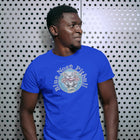 Man wearing royal blue men's tshirt  featuring the OMG blue nose pitbull  design on the front