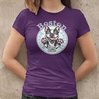 woman leaning against wall wearing a purple shirt with a Boston Terrier design by OMG You're Home