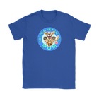 a women's royal blue tshirt featuring the OMG You're Home! Golden Retriever dog artwork on the front