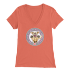 a womens coral colored v-neck shirt featuring the original Golden Retriever dog artwork by OMG You're Home!