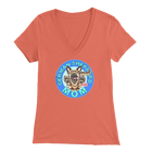 a women's orange v neck shirt with the OMG You're Home! German Shepherd dog mom design on the front