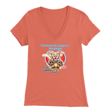 Load image into Gallery viewer, Bella Womens coral colored V-Neck. This comfortable shirt features the OMG You're Home German Shepherd dog design with the text "Emotional Support Human".