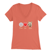 Load image into Gallery viewer, peach Bella Womens V-Neck Shirt featuring the Peace Love Yorkie dog design from OMG You're HOME!