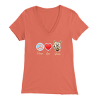 peach Bella Womens V-Neck Shirt featuring the Peace Love Yorkie dog design from OMG You're HOME!