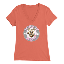 Load image into Gallery viewer, a women's orange v-neck shirt with the OMG You're Home! Yorkie dog mom design on the front