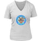 a women's white v-neck shirt featuring the original artwork by OMG You're Home! The German Shepherd dog mom design is on the front in full color.