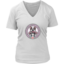 Load image into Gallery viewer, a women&#39;s white v-neck shirt featuring the OMG You&#39;re Home Boston Terrier dog design with Rescue is my favorite breed in pink letters