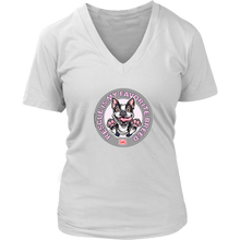 Load image into Gallery viewer, a women's white v-neck shirt featuring the OMG You're Home Boston Terrier dog design with Rescue is my favorite breed in pink letters