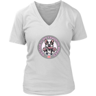 a women's white v-neck shirt featuring the OMG You're Home Boston Terrier dog design with Rescue is my favorite breed in pink letters