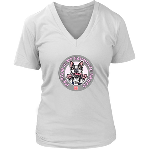 a women's white v-neck shirt featuring the OMG You're Home Boston Terrier dog design with Rescue is my favorite breed in pink letters