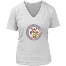 Load image into Gallery viewer, A womens white V-Neck by District features the original Golden Retriever dog artwork by OMG You're Home! This collection is dedicated to those of us who love and support rescues.