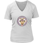 A womens white V-Neck by District features the original Golden Retriever dog artwork by OMG You're Home! This collection is dedicated to those of us who love and support rescues.