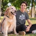 man sitting in a park with his beautiful golden retriever and wearing a grey tshirt with the Dog Person design by OMG You're Home