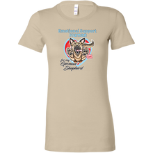 Load image into Gallery viewer, a womens tan shirt featuring the original German Shepherd dog artwork by OMG You're HOME! The text "Emotional Support Human" appears above the design in light blue letters.