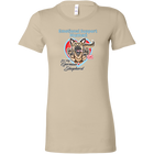 a womens tan shirt featuring the original German Shepherd dog artwork by OMG You're HOME! The text "Emotional Support Human" appears above the design in light blue letters.