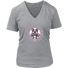 Load image into Gallery viewer, a women&#39;s heather grey v-neck shirt featuring the OMG You&#39;re Home Boston Terrier dog design with Rescue is my favorite breed in pink letters