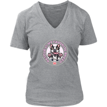 Load image into Gallery viewer, a women's heather grey v-neck shirt featuring the OMG You're Home Boston Terrier dog design with Rescue is my favorite breed in pink letters